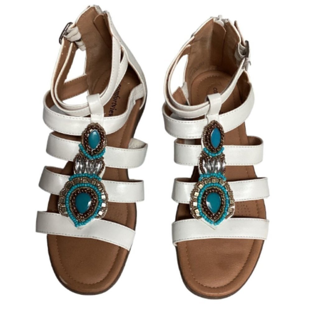 comfortview White Strappy Sandals with Turquoise Bead Medallions